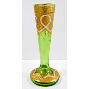 Antique Bohemian Moser-Style Green Glass Stick Vase Gold Gilding and Enamel